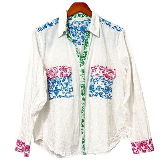Roberta Roller Rabbit Button Down Shirt Cotton White Floral Tropical EUC Size L - Picture 9 of 9